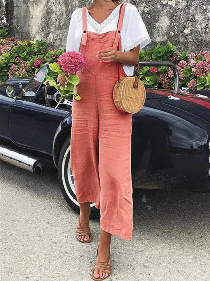Casual Cotton Linen Loose Solid Color Overall For Women