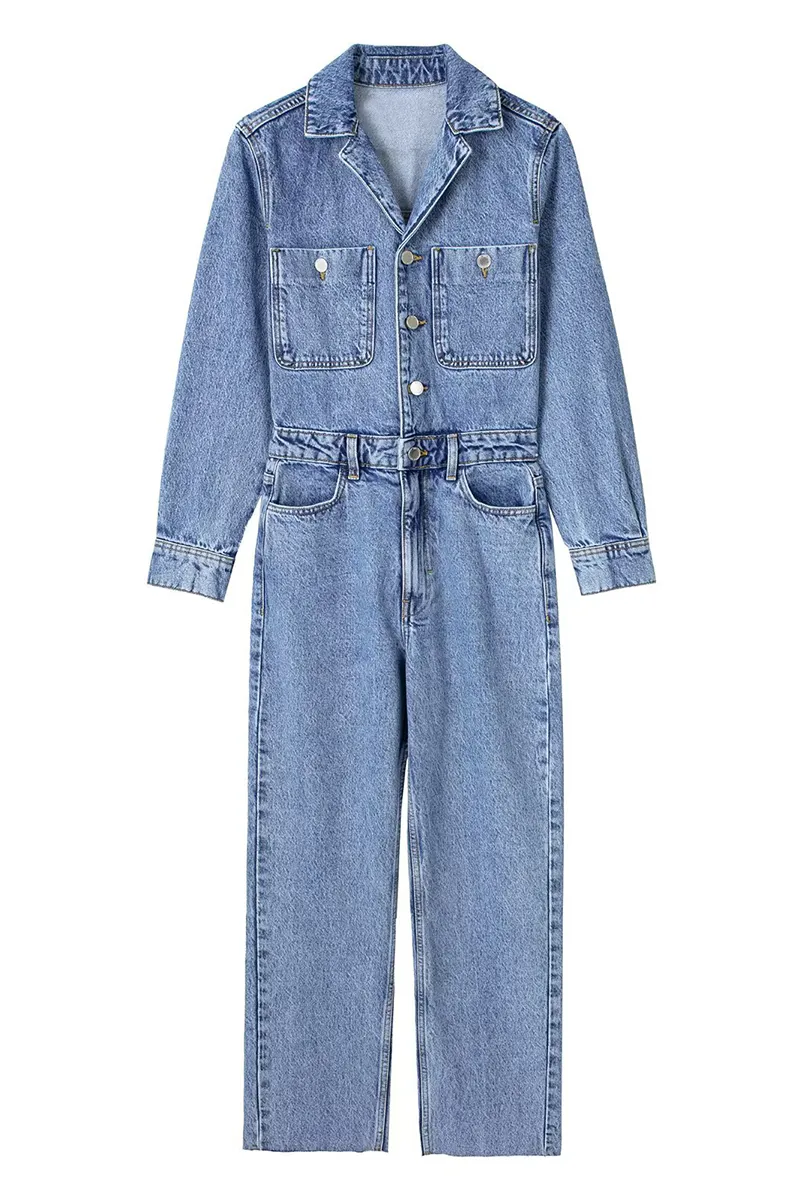 Casual Street Solid Color Pocket Buttons Turndown Collar Long Sleeve Loose Denim Jumpsuits