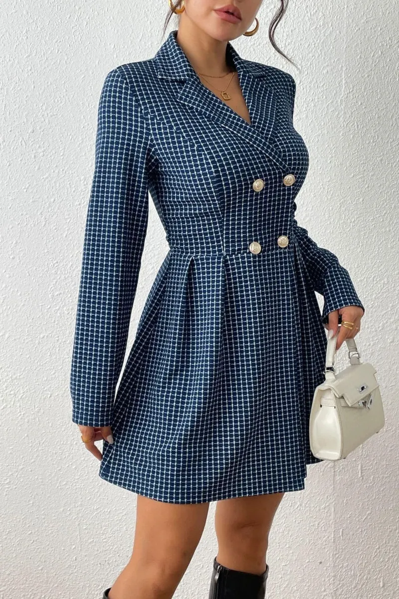 Chouyatou Women's 2024 Fall Plaid Tweed Dress Notched Lapel Double Breasted Elegant A Line Mini Jackie Dress