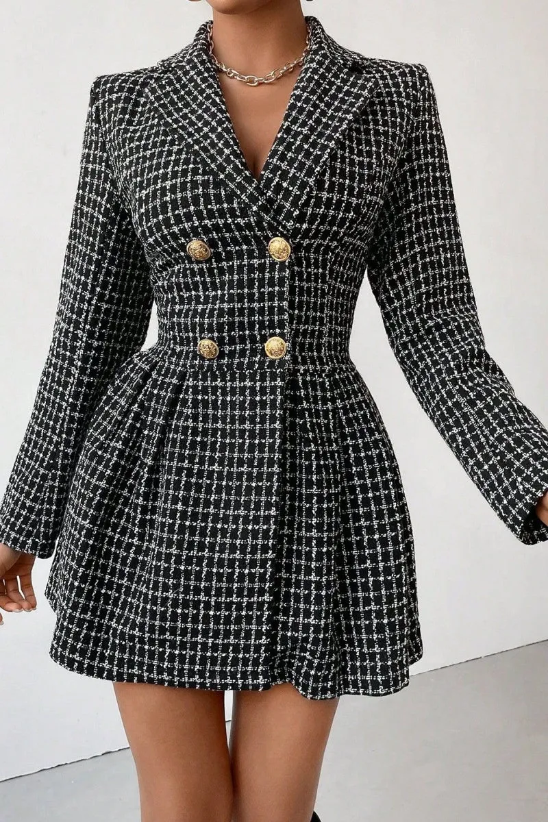 Chouyatou Women's 2024 Fall Plaid Tweed Dress Notched Lapel Double Breasted Elegant A Line Mini Jackie Dress