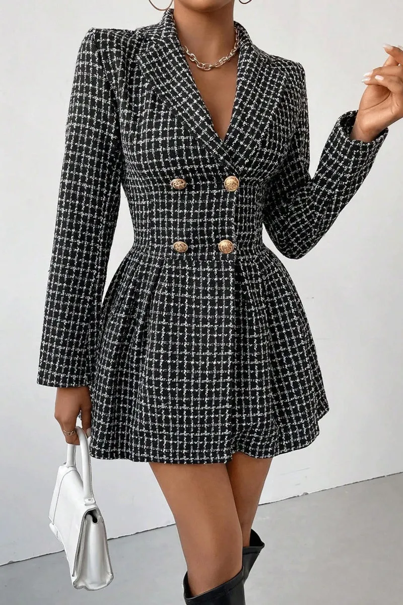 Chouyatou Women's 2024 Fall Plaid Tweed Dress Notched Lapel Double Breasted Elegant A Line Mini Jackie Dress