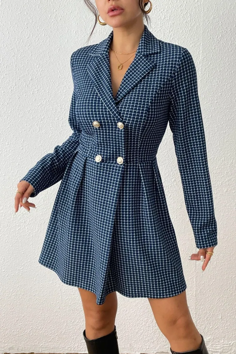 Chouyatou Women's 2024 Fall Plaid Tweed Dress Notched Lapel Double Breasted Elegant A Line Mini Jackie Dress