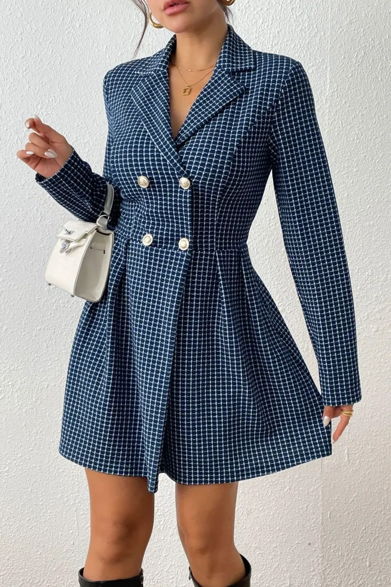 Chouyatou Women's 2024 Fall Plaid Tweed Dress Notched Lapel Double Breasted Elegant A Line Mini Jackie Dress