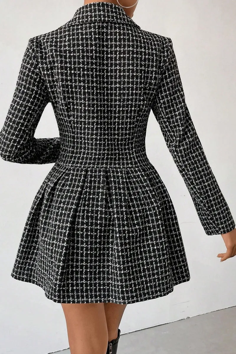 Chouyatou Women's 2024 Fall Plaid Tweed Dress Notched Lapel Double Breasted Elegant A Line Mini Jackie Dress