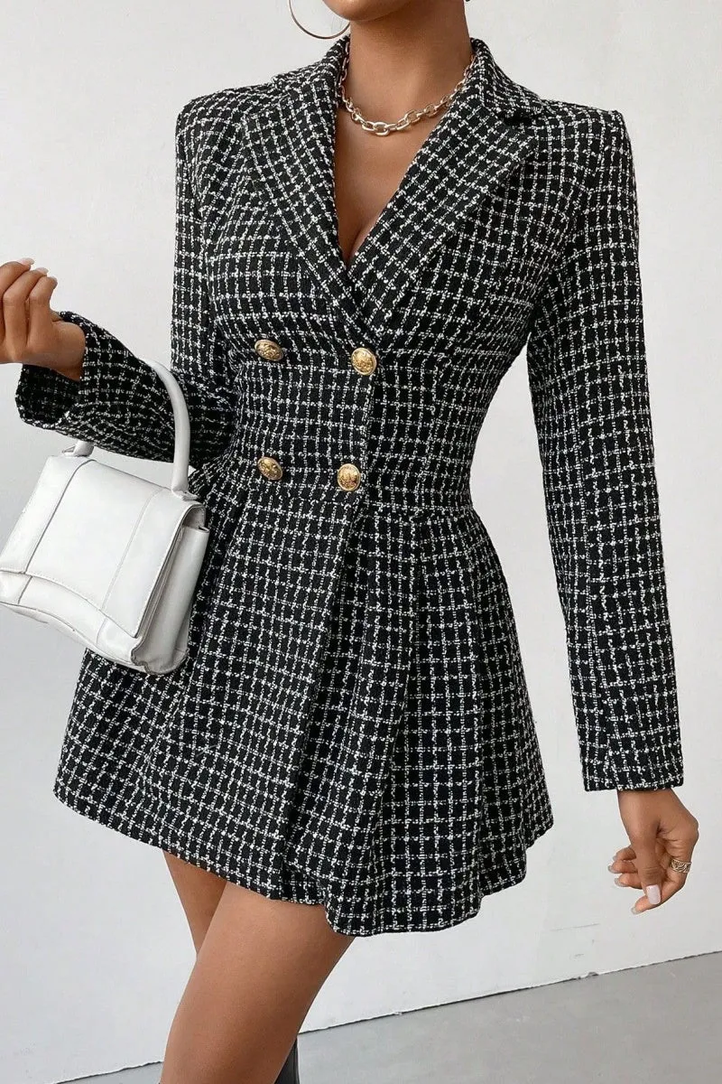 Chouyatou Women's 2024 Fall Plaid Tweed Dress Notched Lapel Double Breasted Elegant A Line Mini Jackie Dress