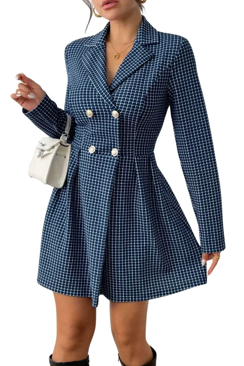 Chouyatou Women's 2024 Fall Plaid Tweed Dress Notched Lapel Double Breasted Elegant A Line Mini Jackie Dress