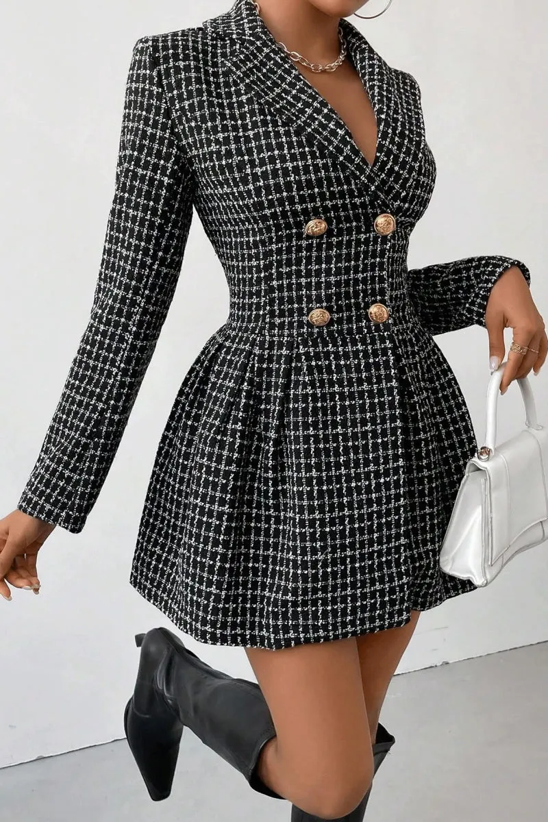 Chouyatou Women's 2024 Fall Plaid Tweed Dress Notched Lapel Double Breasted Elegant A Line Mini Jackie Dress
