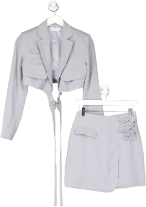 Club L Jet Set Strap Detail Cropped Blazer And Mini Skirt In Dove Grey UK 8