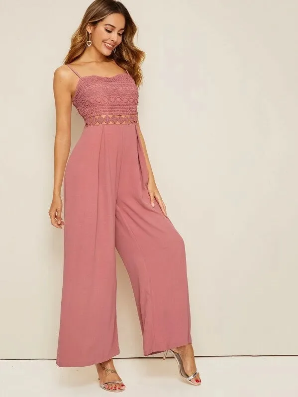 CM-JS409997 Women Casual Seoul Style Guipure Lace Insert Wide Leg Maxi Tank Jumpsuit - Pink