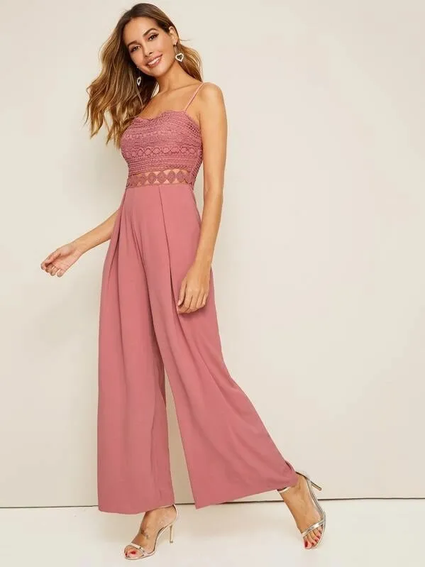 CM-JS409997 Women Casual Seoul Style Guipure Lace Insert Wide Leg Maxi Tank Jumpsuit - Pink