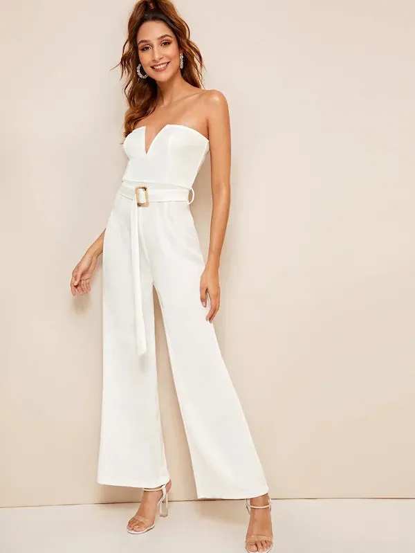 CM-JS410403 Women Elegant European Style Solid Belted Wide Leg Maxi Tube Jumpsuit - White