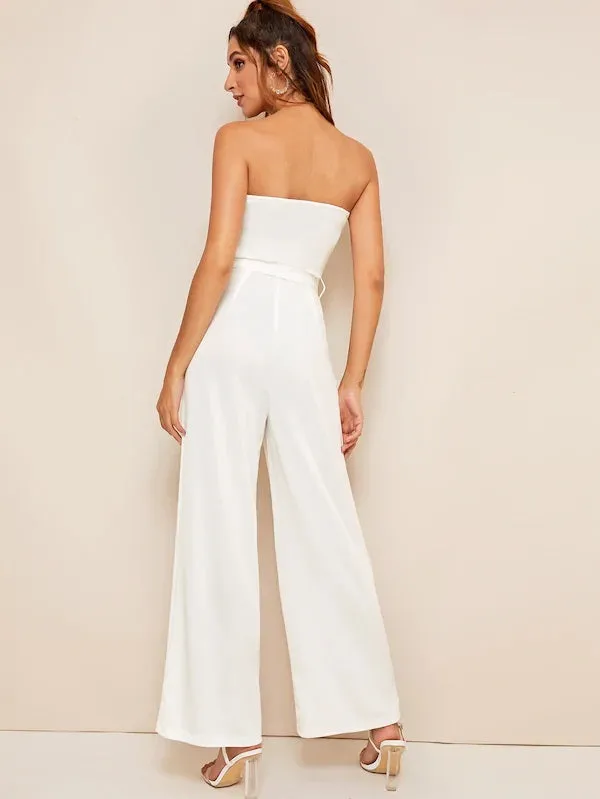 CM-JS410403 Women Elegant European Style Solid Belted Wide Leg Maxi Tube Jumpsuit - White