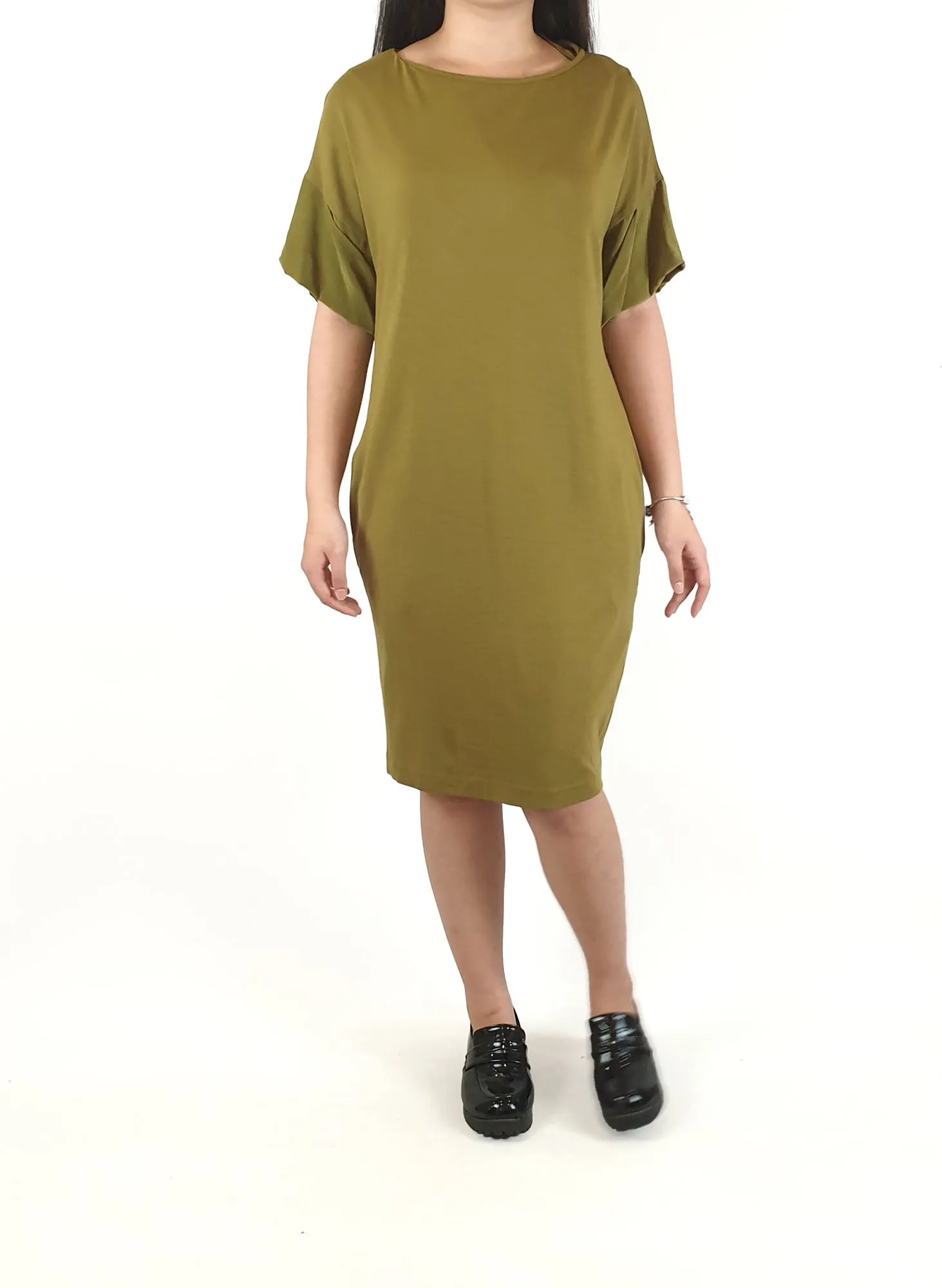 Cos olive green tee shirt style dress with 100% silk sleeves size XS (best fits size 6)