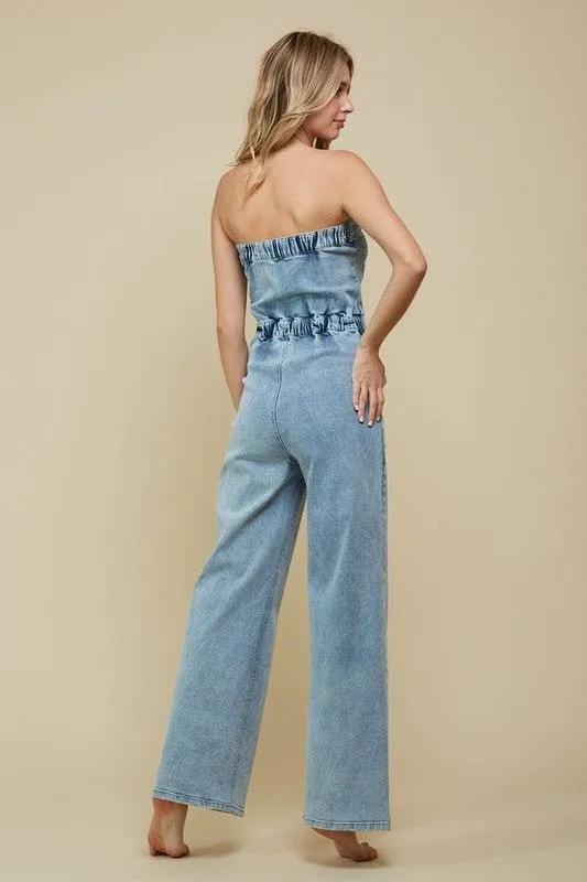 DENIM TUBE TOP WIDE JUMPSUIT