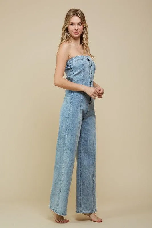 DENIM TUBE TOP WIDE JUMPSUIT