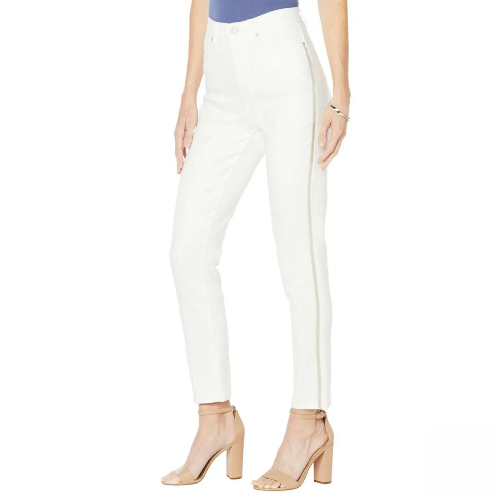 DG2 by Diane Gilman Virtual Stretch Beaded Side Stripe Jeans White 14