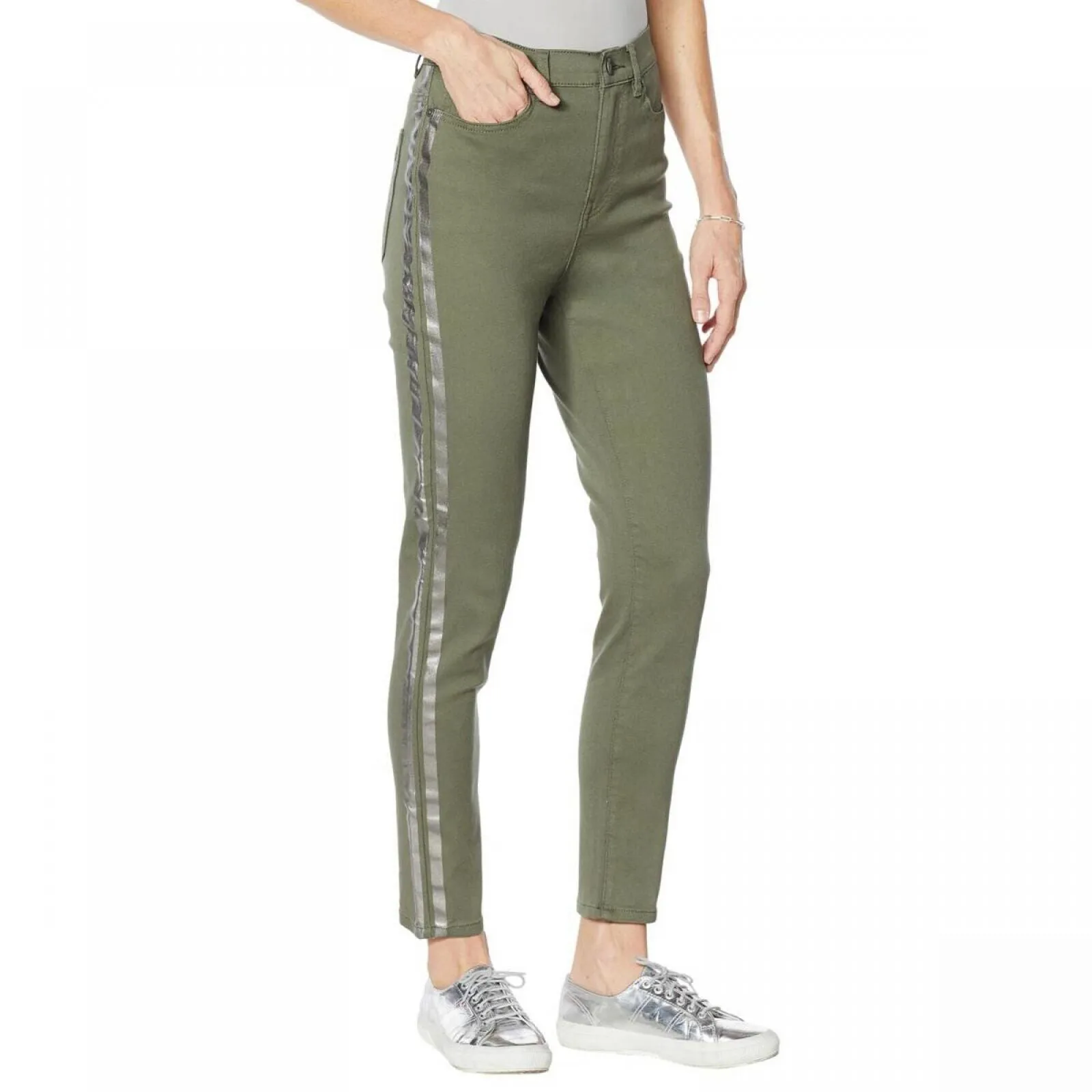 DG2 by Diane Gilman Virtual Stretch Metallic Side Stripe Skinny Jeans Olive 14T
