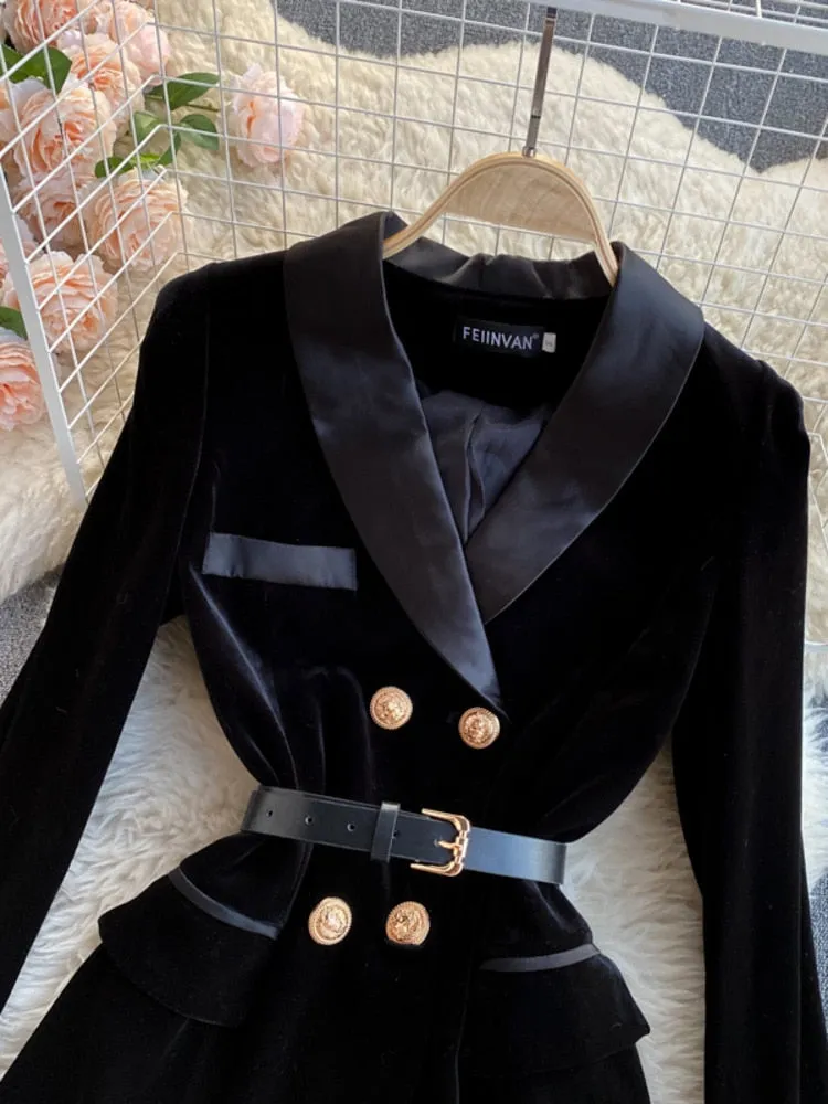 Double Breasted Velvet Blazer With Belt Women's Black Coat Slim Outerwear