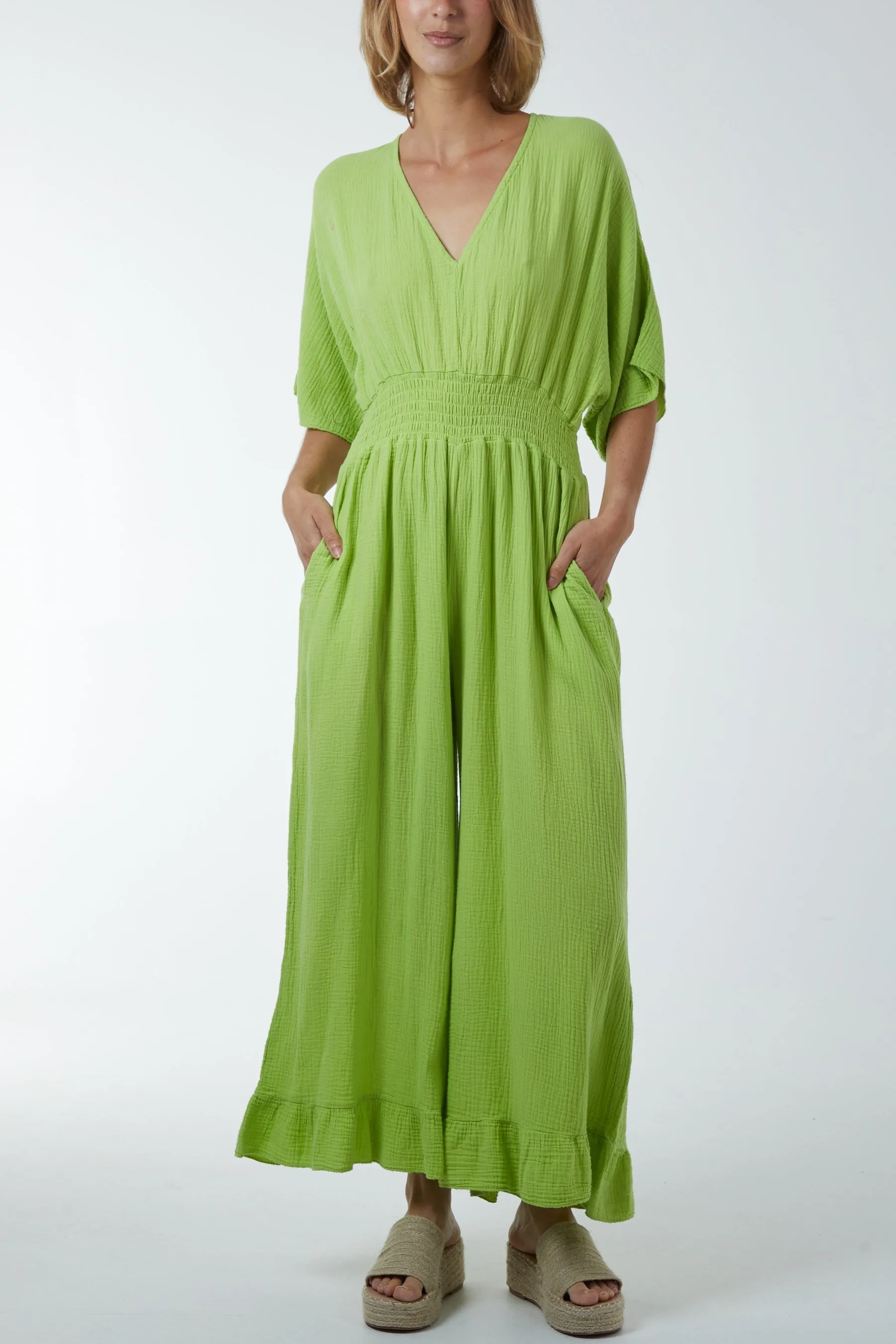 Double V-Neck Frilled Jumpsuit