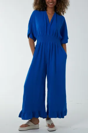 Double V-Neck Frilled Jumpsuit
