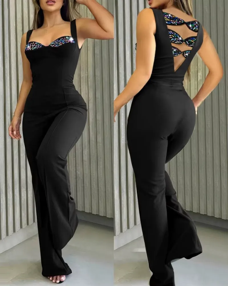 Elegant Jumpsuits for Women New Fashion V-Neck Sleeveless Luxury Sequin Romper Women'S Sexy Back Hollow-Out High Waist Jumpsuit