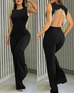 Elegant Jumpsuits for Women New Fashion V-Neck Sleeveless Luxury Sequin Romper Women'S Sexy Back Hollow-Out High Waist Jumpsuit