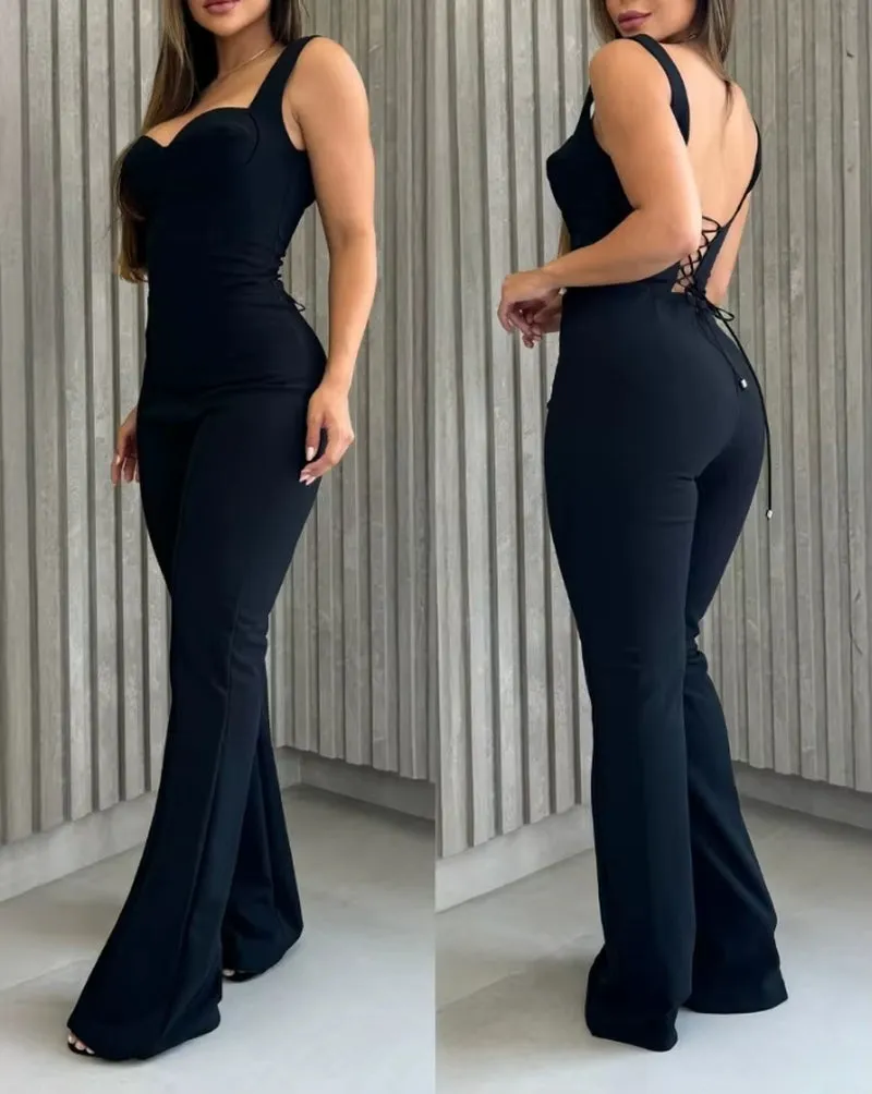 Elegant Jumpsuits for Women New Fashion V-Neck Sleeveless Luxury Sequin Romper Women'S Sexy Back Hollow-Out High Waist Jumpsuit