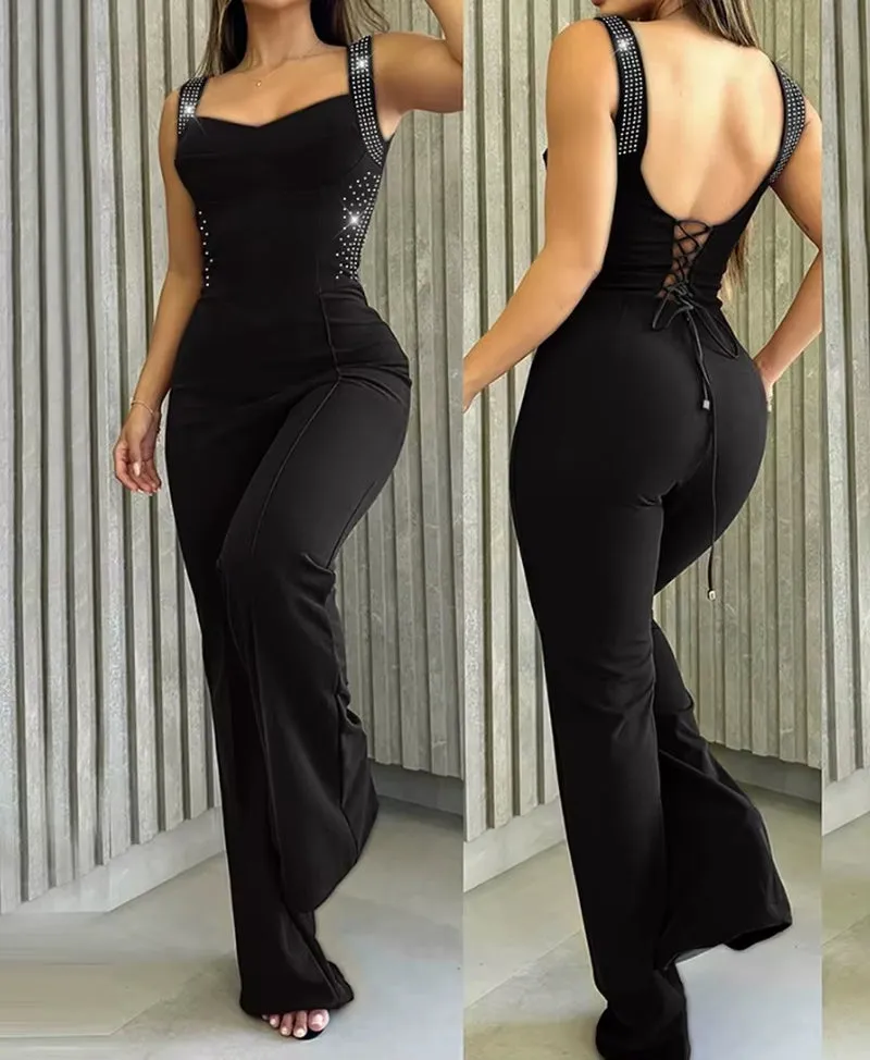 Elegant Jumpsuits for Women New Fashion V-Neck Sleeveless Luxury Sequin Romper Women'S Sexy Back Hollow-Out High Waist Jumpsuit
