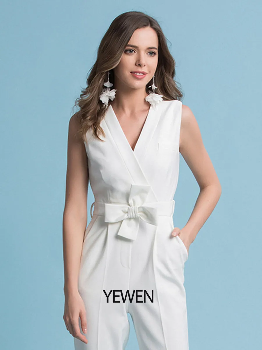Elegant Jumpsuits Wedding Dresses V Neck Floor Length Chiffon Sleeveless Country Plus Size with Sashes / Bow Appliques