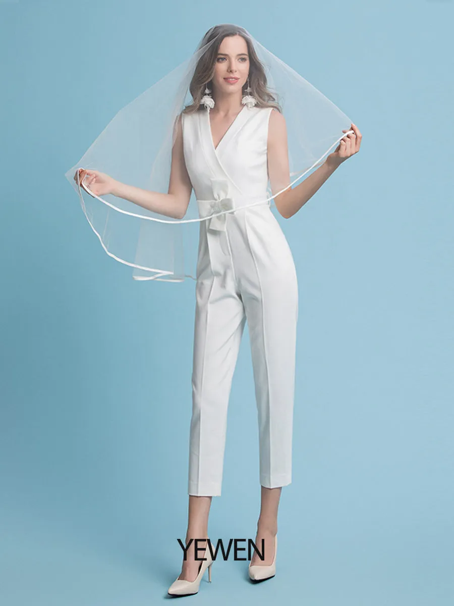 Elegant Jumpsuits Wedding Dresses V Neck Floor Length Chiffon Sleeveless Country Plus Size with Sashes / Bow Appliques
