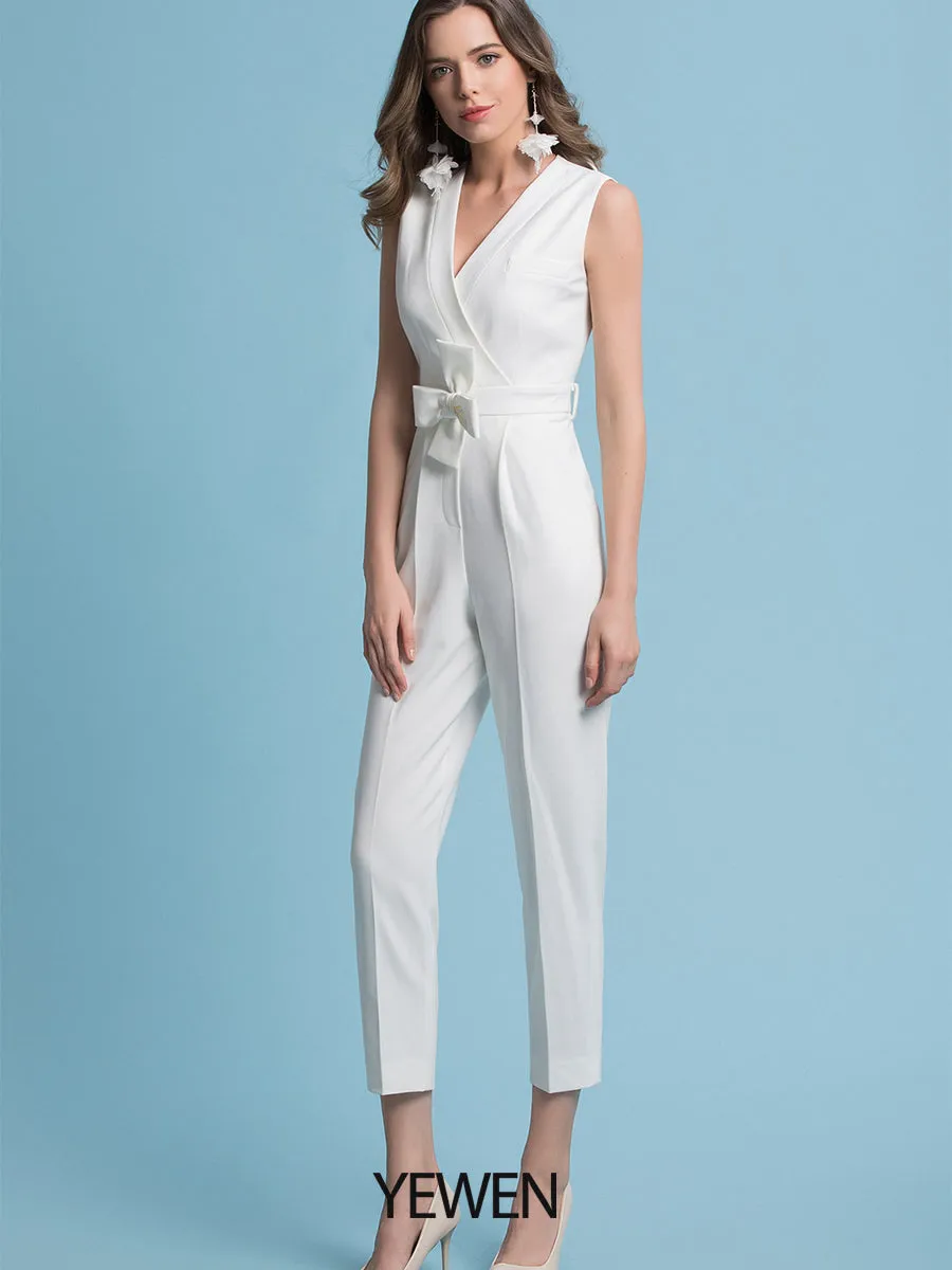 Elegant Jumpsuits Wedding Dresses V Neck Floor Length Chiffon Sleeveless Country Plus Size with Sashes / Bow Appliques