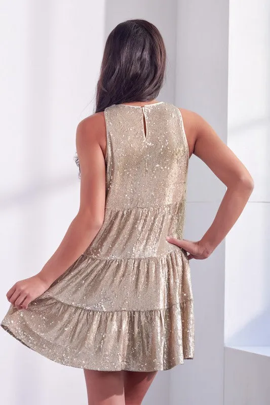 EVE SEQUIN TIERED CHAMPAGNE FLARE DRESS