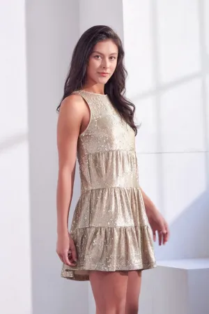 EVE SEQUIN TIERED CHAMPAGNE FLARE DRESS