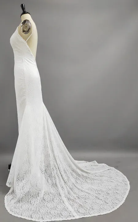 Fabulous Spaghetti Strap V-neck Mermaid Long Lace Dress With Deep-v Neck-BU_708735