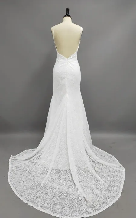 Fabulous Spaghetti Strap V-neck Mermaid Long Lace Dress With Deep-v Neck-BU_708735
