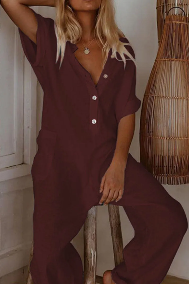 Fashion Casual Solid V Neck Loose Jumpsuits(4 Colors)