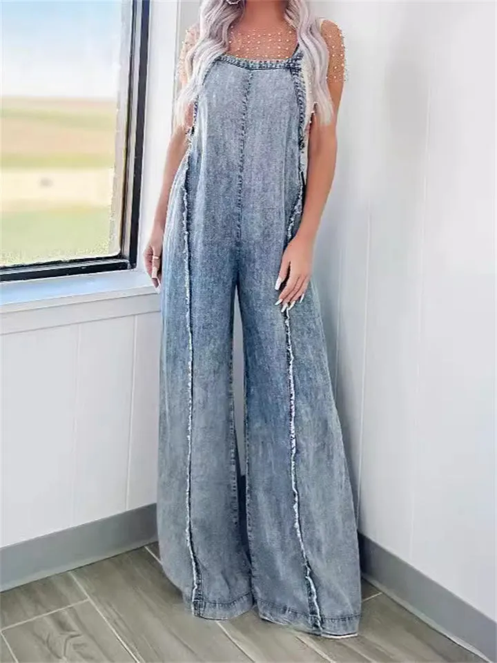 Female Retro Washed Wide Leg Raw Edge Jumpsuits