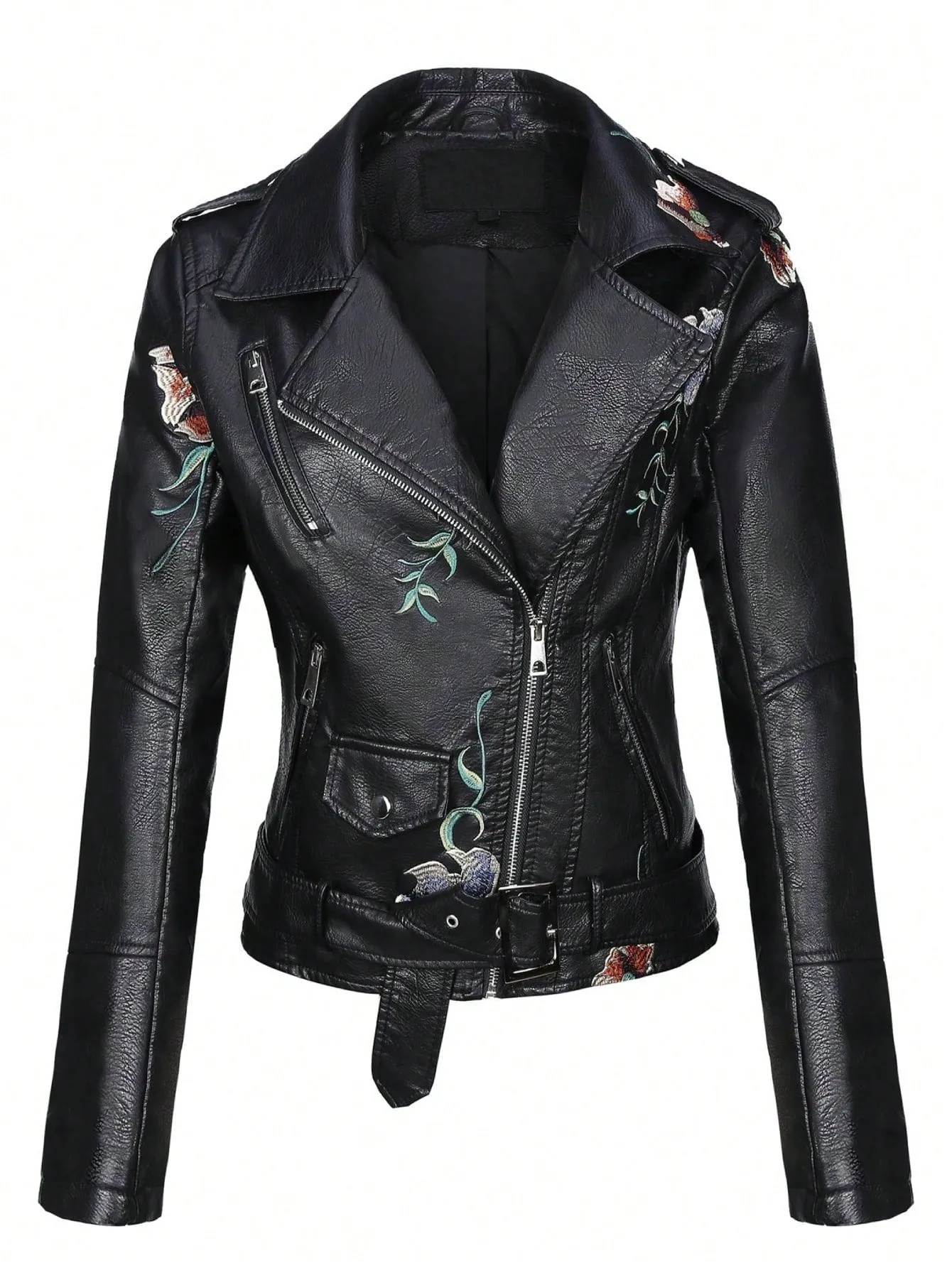 Floral Embroidery Zip Up PU Moto Jacket
