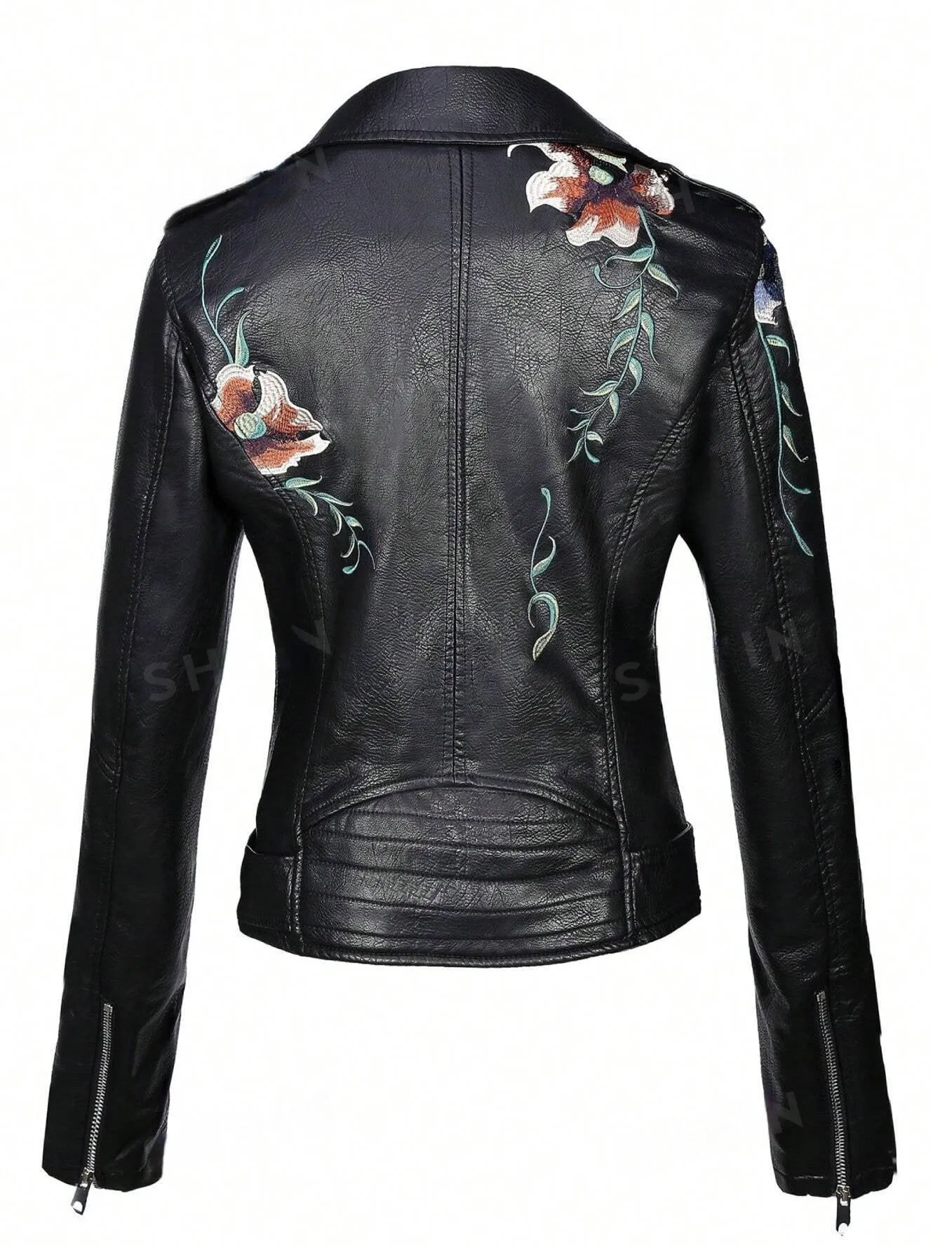 Floral Embroidery Zip Up PU Moto Jacket