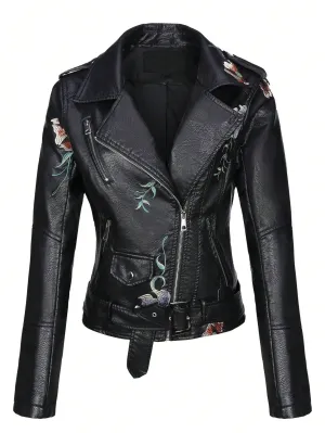 Floral Embroidery Zip Up PU Moto Jacket