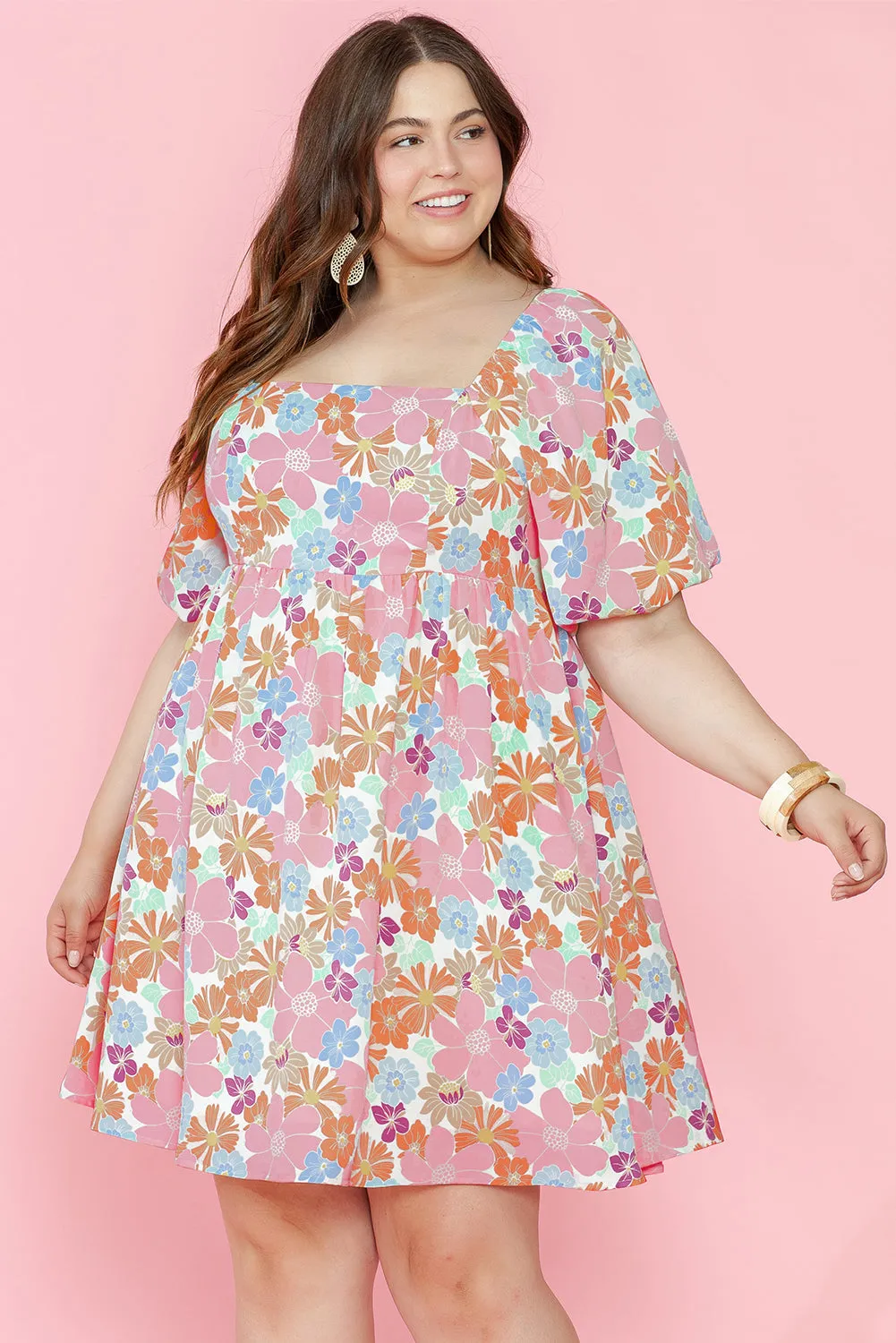 Floral Square Neck Plus Babydoll Dress