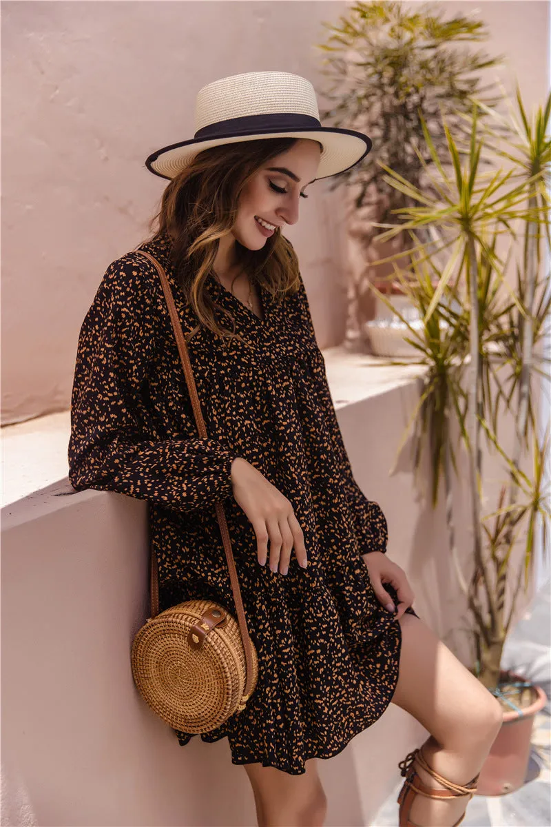 Floral V-neck Bubble Sleeves Long Sleeves Mini Dresses