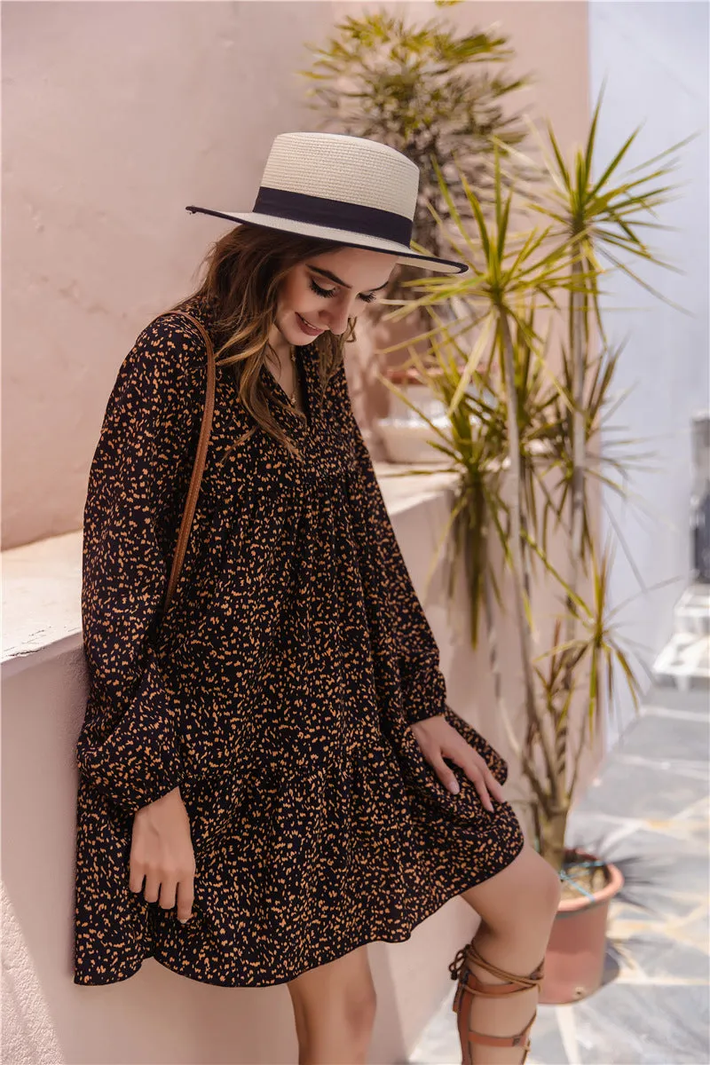 Floral V-neck Bubble Sleeves Long Sleeves Mini Dresses