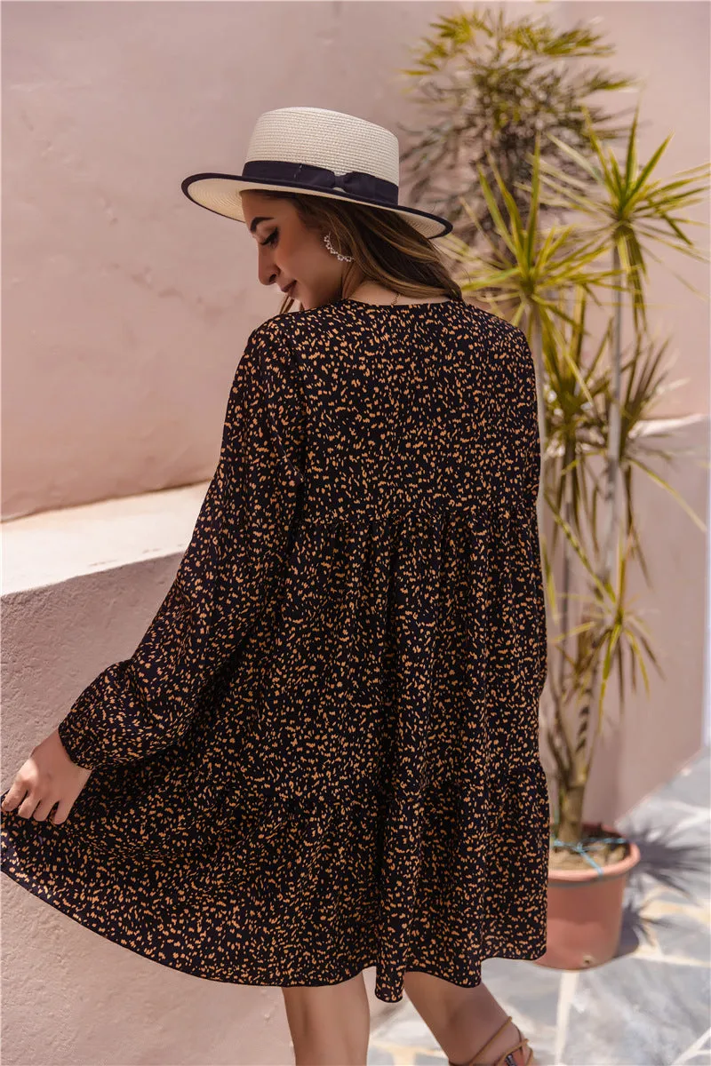 Floral V-neck Bubble Sleeves Long Sleeves Mini Dresses