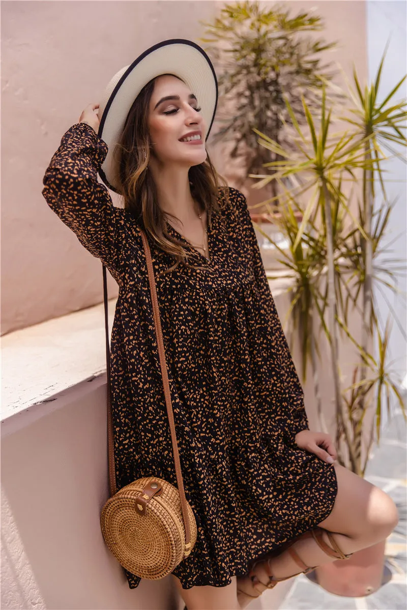 Floral V-neck Bubble Sleeves Long Sleeves Mini Dresses