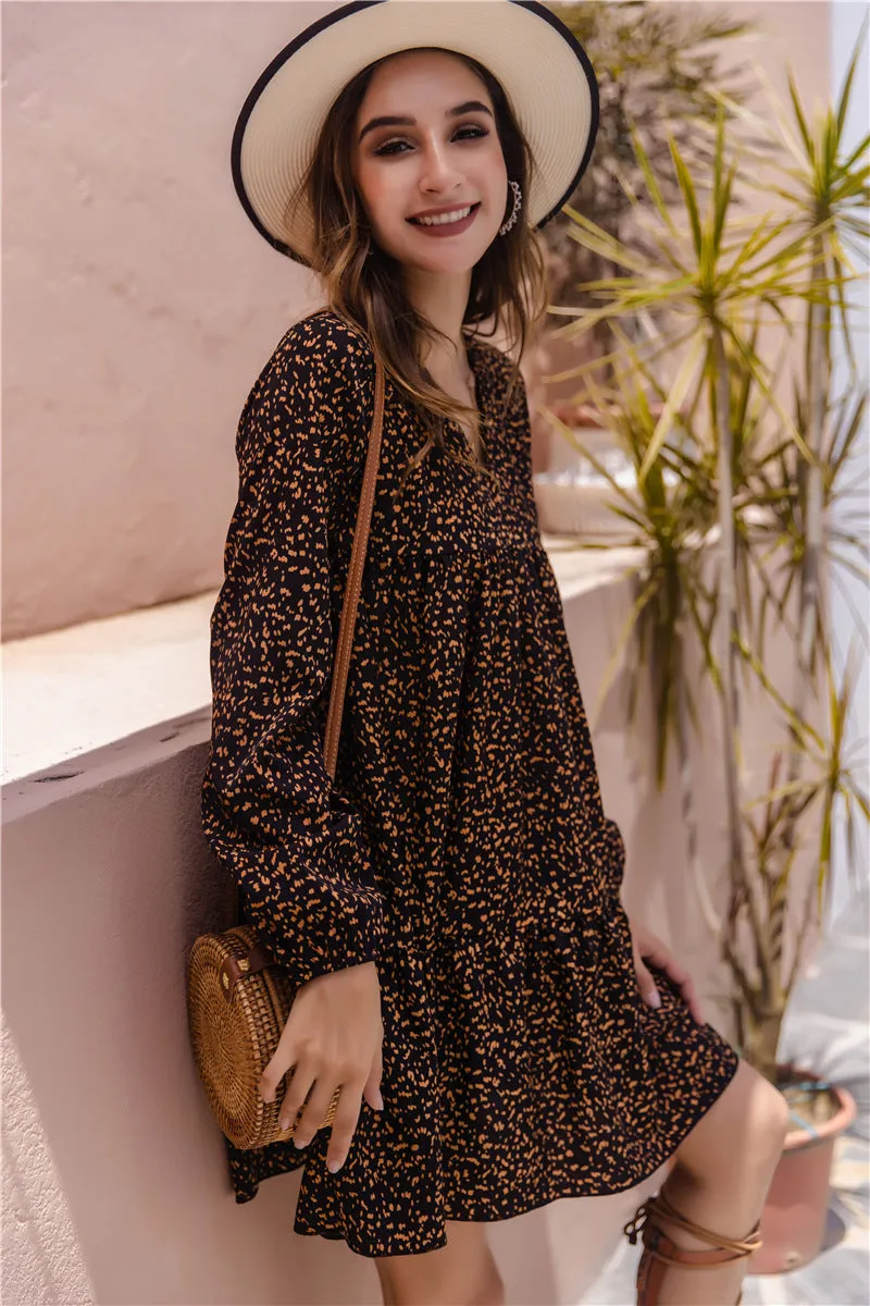 Floral V-neck Bubble Sleeves Long Sleeves Mini Dresses