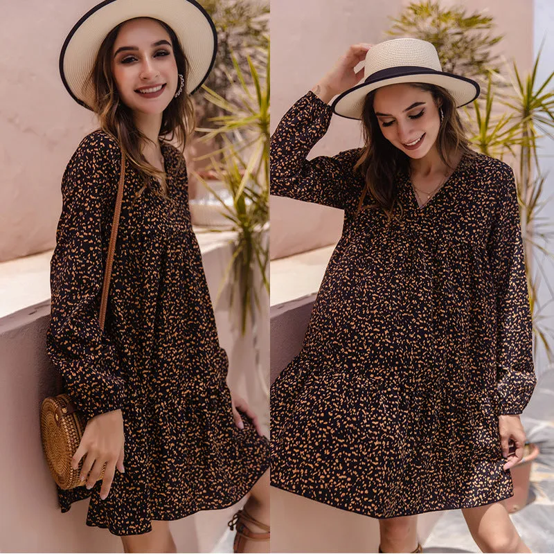 Floral V-neck Bubble Sleeves Long Sleeves Mini Dresses