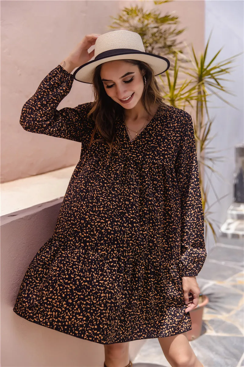 Floral V-neck Bubble Sleeves Long Sleeves Mini Dresses