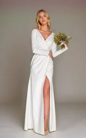 Formal Sexy Side Slit Sleeved Sheath Ruched Civil Wedding Dress Modern Elegant Zipper Back Reception Floor Length Bridal Gown