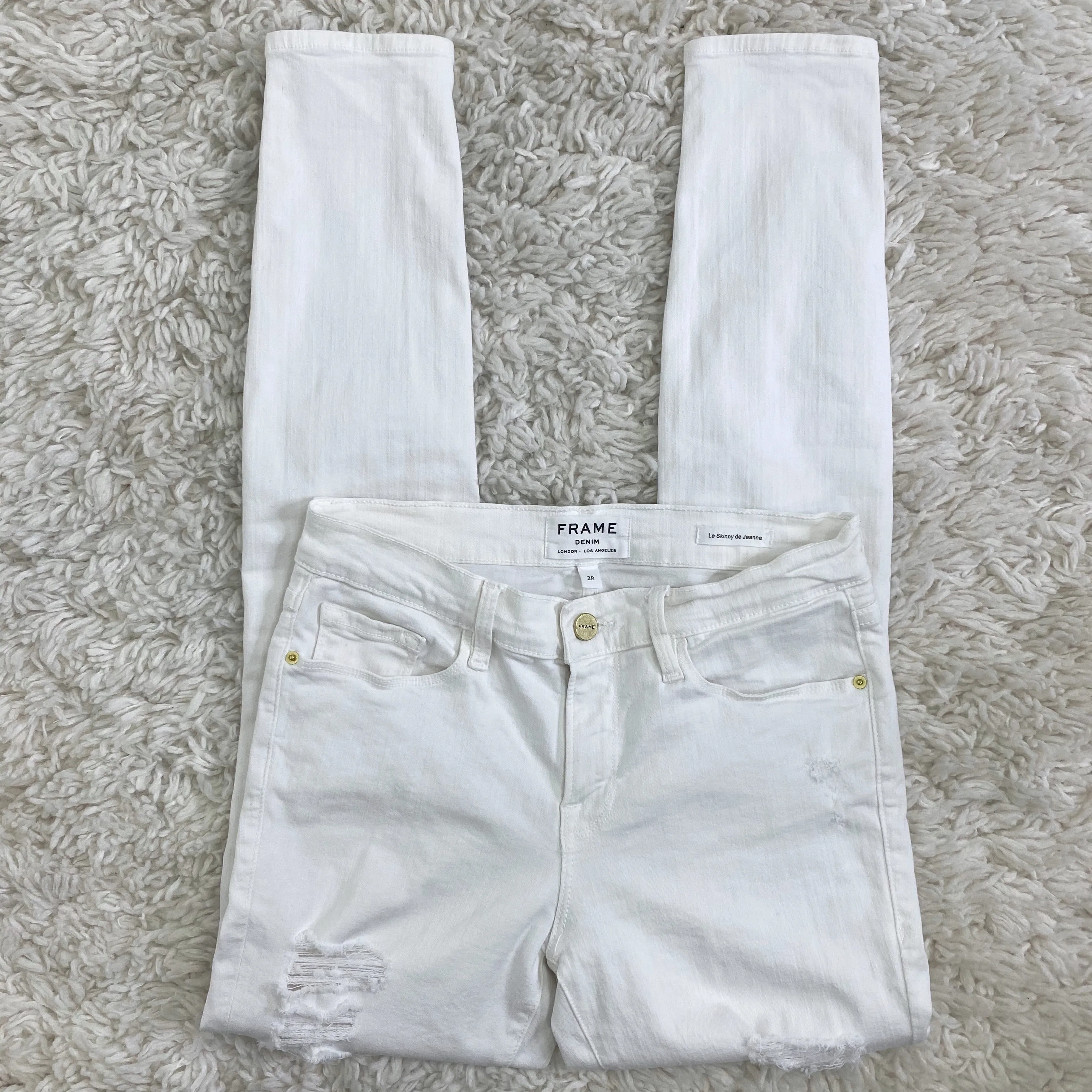 Frame Denim Le Skinny de Jeanne White Distressed Skinny Stretch Jeans Retail $200
